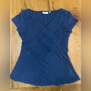 Anthropologie Deletta 100% Cotton V Neck Navy Blue Top, Size Petite Small